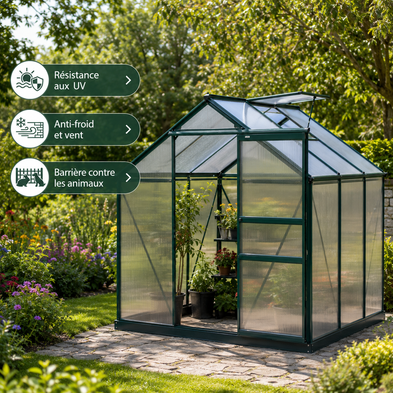 Serre de Jardin en Polycarbonate avec Lucarne et Porte Coulissante