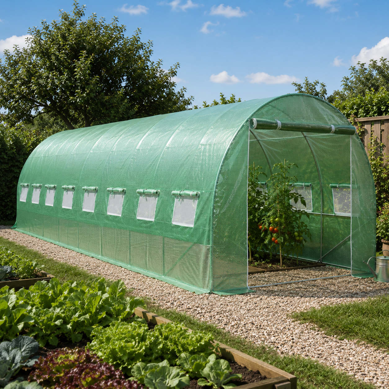Grande Serre Tunnel de Jardin 24 m² avec 16 Fenêtres et Porte Enroulable