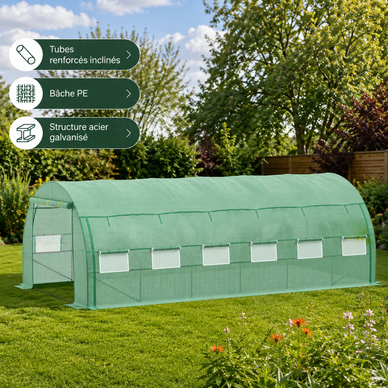Serre Tunnel de Jardin 18 m² avec 12 Fenêtres et Structure Renforcée
