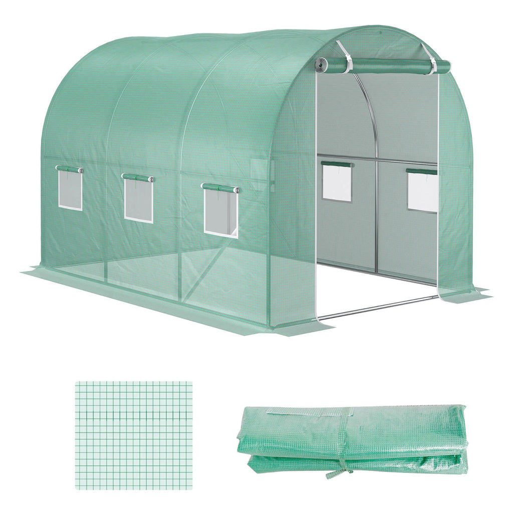 Bâche de Rechange Serre Tunnel 6 m², bâche 3 x 2 x 2 m PE Anti-UV imperméable 6 fenêtres + Porte Enroulable zippée Vert