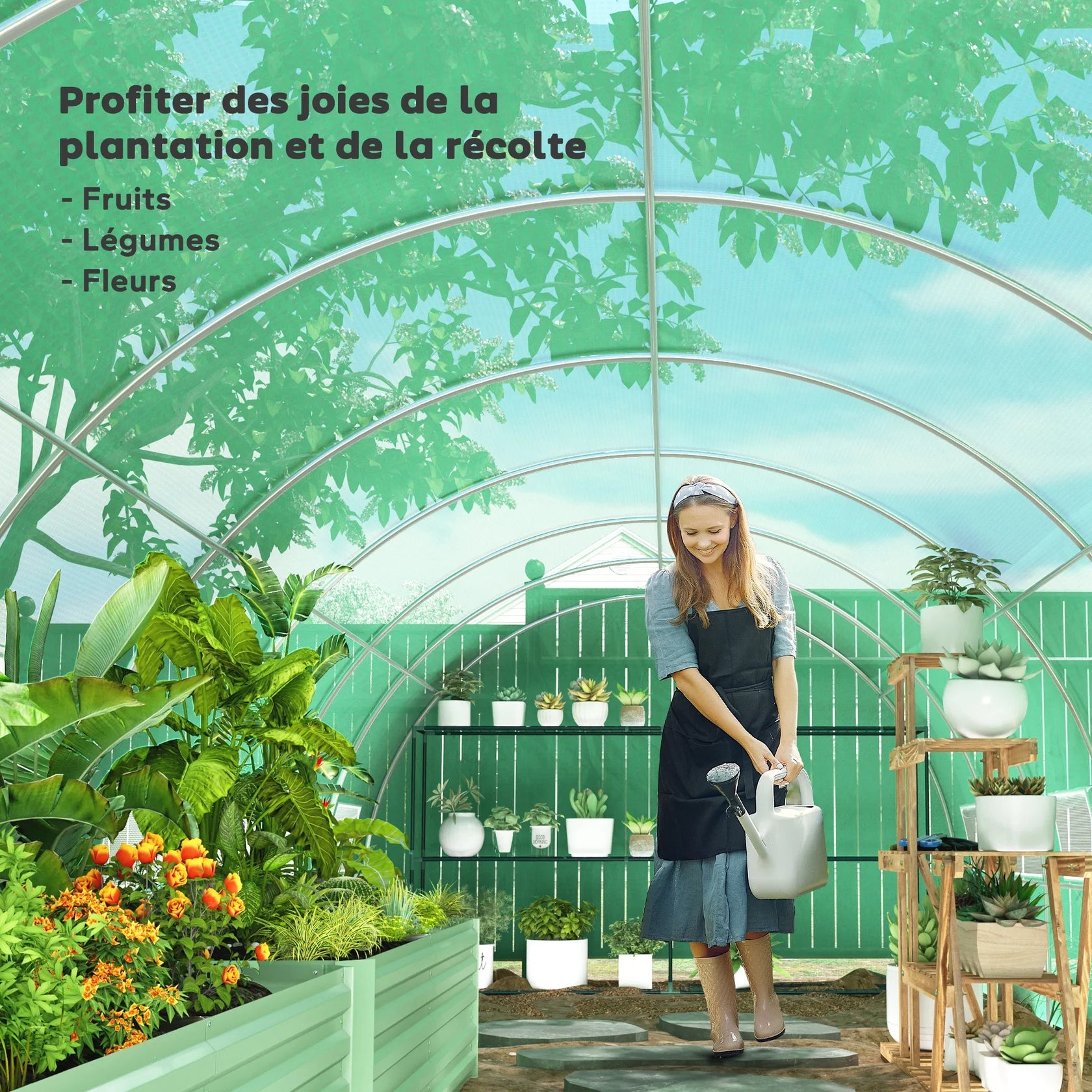 Grande Serre Tunnel de Jardin 24 m² avec 16 Fenêtres et Porte Enroulable