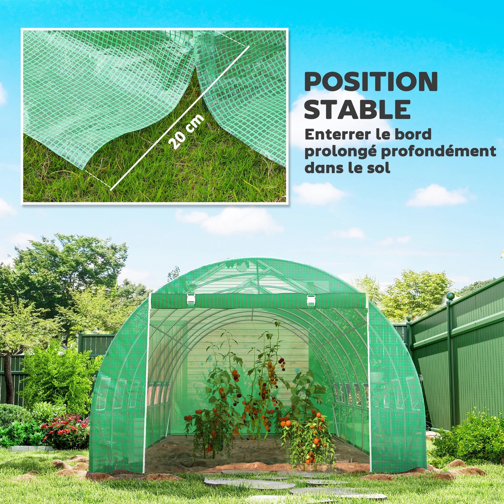Grande Serre Tunnel de Jardin 24 m² avec 16 Fenêtres et Porte Enroulable