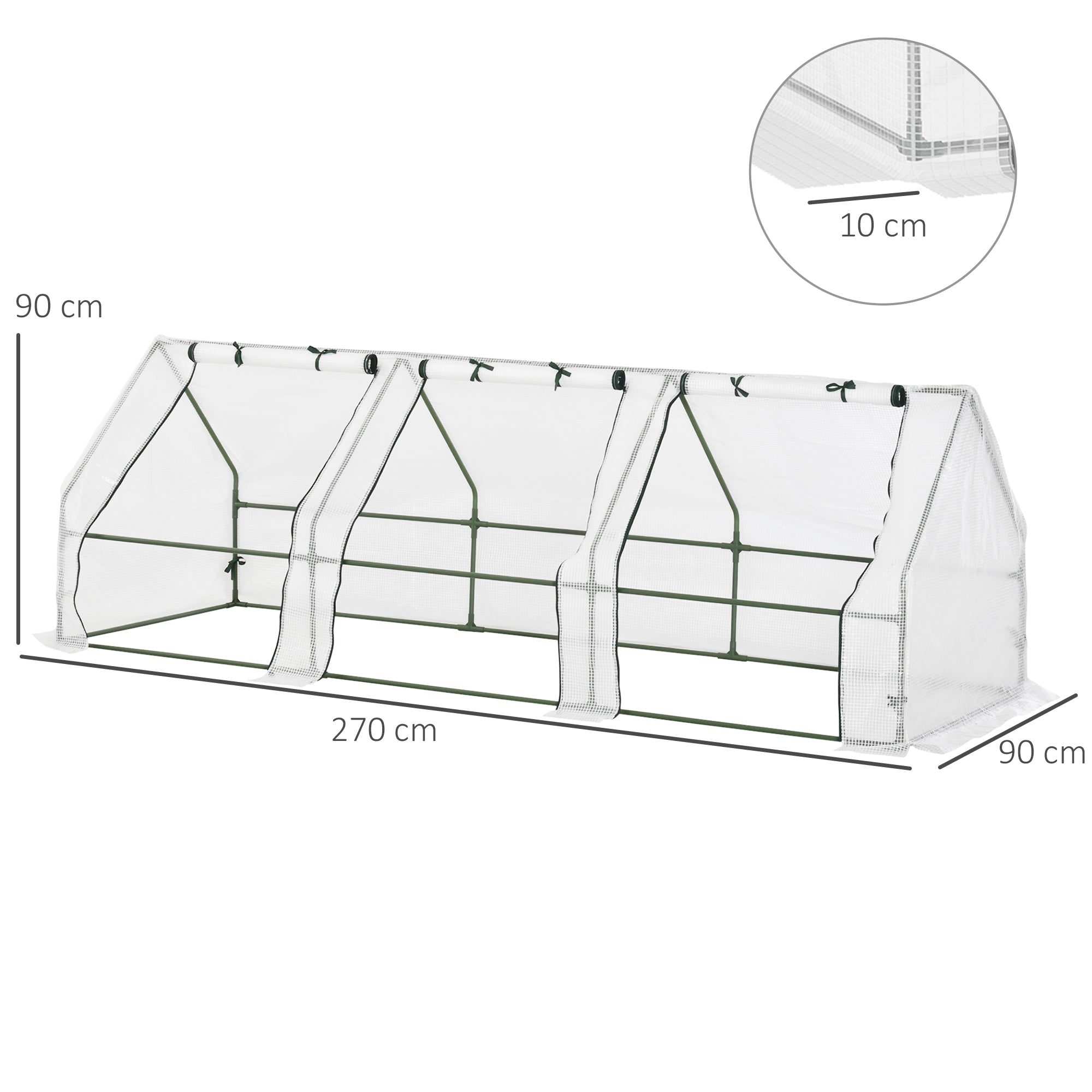 Mini Serre Tunnel de Jardin 270 cm avec 3 Fenêtres Zippées