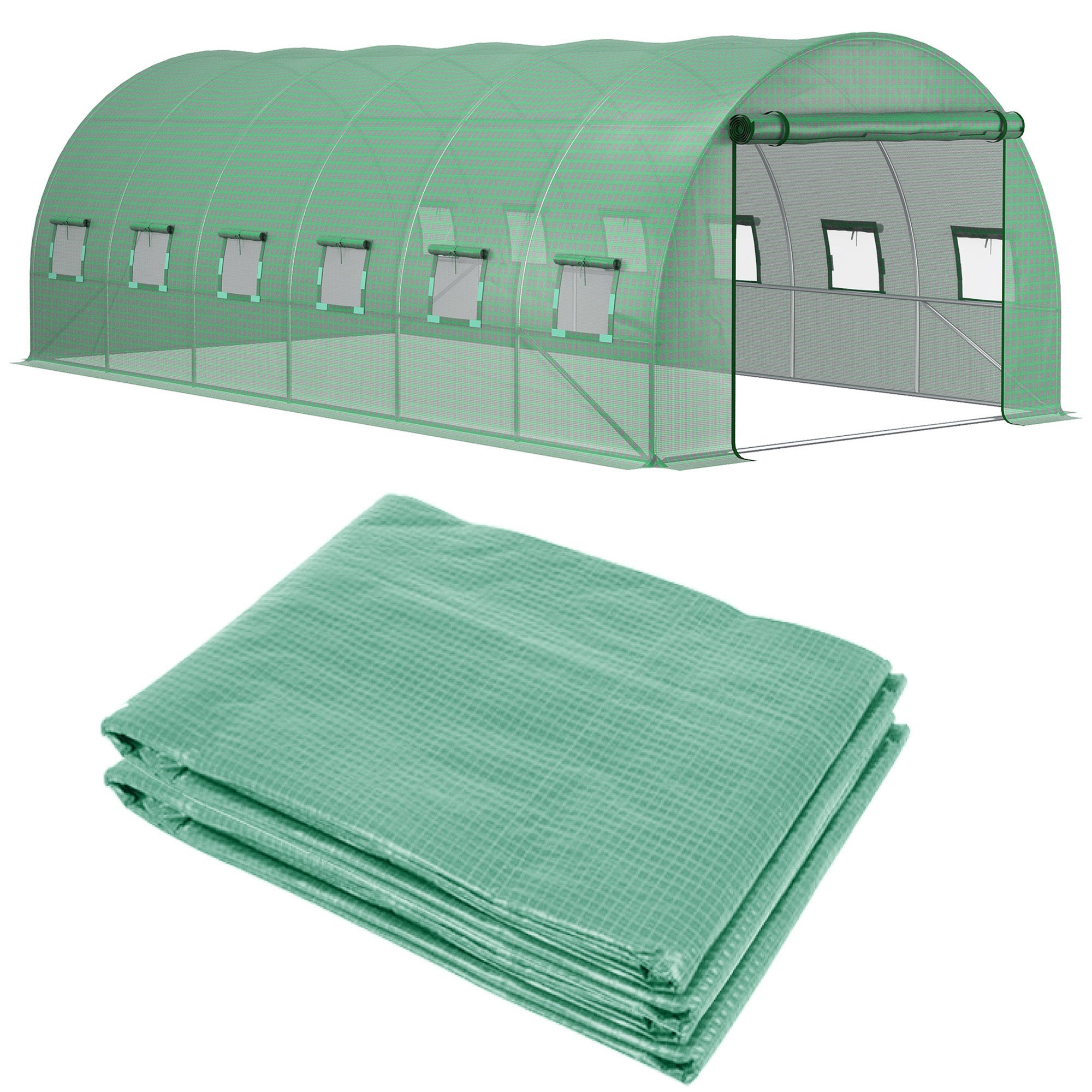 Bâche de Rechange Serre Tunnel 18 m², bâche 6 x 3 x 2 m PE Anti-UV imperméable 12 fenêtres + Porte Enroulable zippée vert